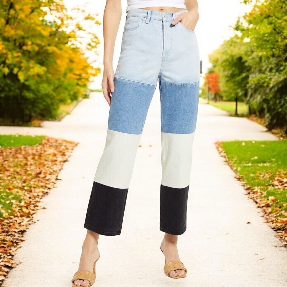 Blank NYC Jeans WMNS 28 Baxter Color-Block Patchwork‎ Straight Leg in Block Him